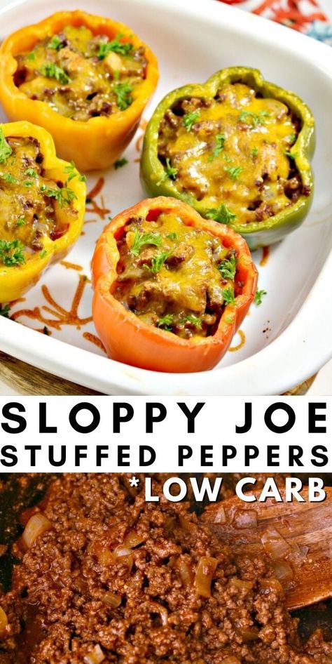 Carb Free Hamburger Recipes, Healthy Dinner Recipe For Diabetics, Easy Delicious Low Carb Dinners, Easy Hardy Meals, Sloppy Joe Peppers, Keto Recipes With Bell Peppers, Sloppy Joe Stuffed Bell Peppers, Low Carb Stuffed Bell Peppers Beef, Stuffed Bell Peppers Ground Beef Low Carb