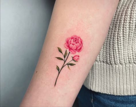 Peony Tattoo Color, Small Peony Tattoo, Color Rose Tattoo, Pink Peony Tattoo, Peony Flower Tattoos, Sakura Tattoo, Peony Tattoo, Tasteful Tattoos, Birth Flower Tattoos