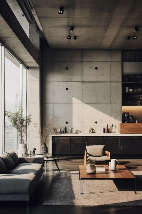 Loft Studio Apartment, Modern Images, Gray Interiors, Sofa And Armchair, Industrial City, Mid Century Interior, Loft Interior, Grey Sofa, White Counters