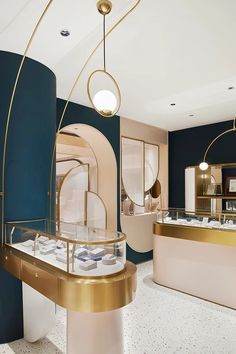 Jewelry Shops Interior Design, Jewelry Decoration Store, Jewelry Shop Interior Design, Luxury Boutique Store, Jewelry Shop Interior, Jewelry Store Interior Design, Jewelry Architecture, Golden Arch, Modern Jewelry Store