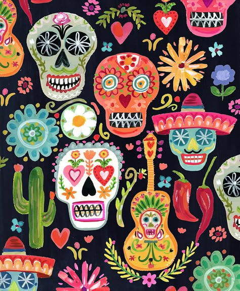 Mexico Pattern Design, Mexican Designs Pattern, Sugar Skull Design Pattern, Mexican Design Pattern, Mexican Pattern Design, Mexican Illustration Art, Skulls Illustration, Sugar Skull Ideas, Mexico Illustration