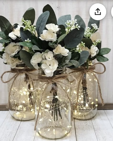 Wood And Mason Jar Centerpieces, Fairy Forest Wedding Decor, Simple Decoration For Engagement At Home, Mason Jar Fairy Lights Centerpiece, 25 Anniversary Decoration Ideas At Home, Elegant Rustic Wedding Ideas, Table Decorations Birthday, Wedding Reception Table Ideas, Night Before The Wedding