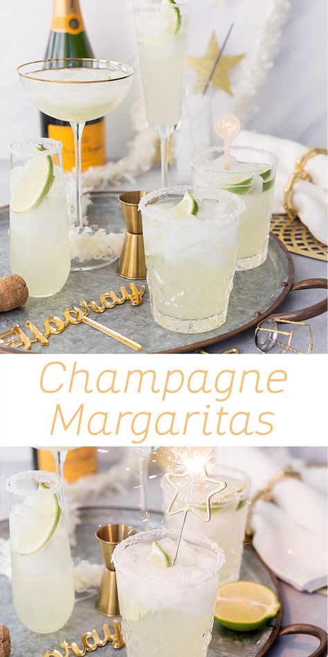 champagne margarita cocktail Mexican Champagne Cocktails, Fun Cocktail Hour Food, White Margarita Cocktail, Sparkling Margarita Recipe, Drinks Alcohol Recipes New Years, Nye Party Drink Ideas, Sparkle Food Ideas, Nye Champagne Cocktails, New Years Margarita Recipes