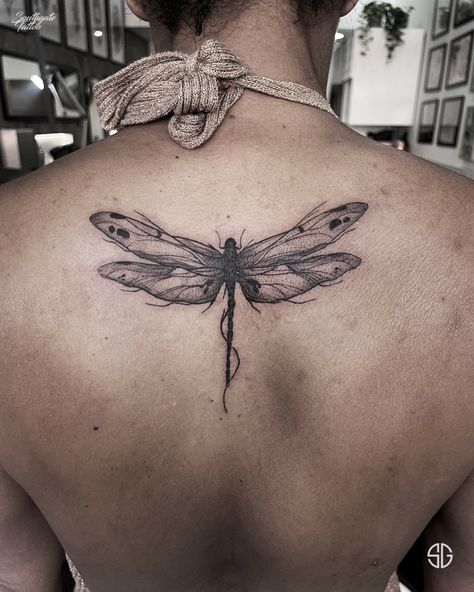 Dragonfly Tattoo Blackwork, Creepy Dragonfly Tattoo, Dragonfly And Sun Tattoo, Dragonfly Throat Tattoo, Goth Dragonfly Tattoo, Dragonfly Wings Back Tattoo, Gothic Dragonfly Tattoo, Dark Dragonfly Tattoo, American Traditional Dragonfly Tattoo