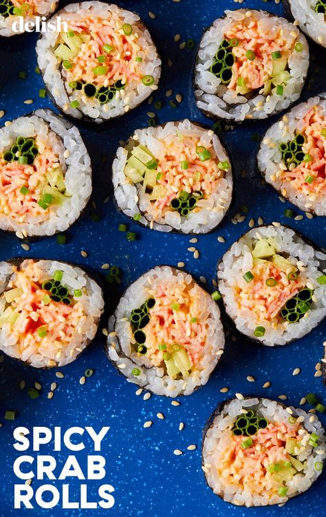 Sushi With Crab Meat, Crabmeat Sushi Rolls, How To Make Spicy Crab Sushi, Spicy Crab For Sushi, Imitated Crab Sushi, Sushi Spicy Crab, Homemade Sushi Rolls Crab, Crab Filling For Sushi, Spicy Crab Sushi Roll Recipes