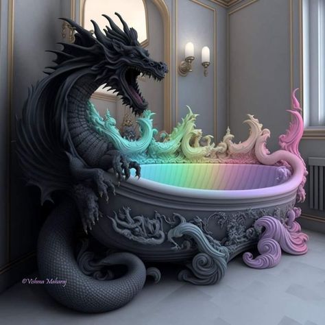 ❤️ #dragon #ethereal #bathroom #medieval #decor #medievalaesthetic Dark Fantasy Bedroom, Mushroom Furniture, Fantasy Bed, Strange Decor, Rainbow Goth, Unusual Decor, Fantasy Room, Castle Ideas, Awesome Houses