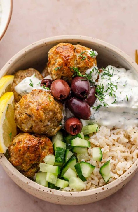 You’ll love this Mediterranean Rice Bowl - flavorful ground turkey meatballs with rice, chopped cucumber and zesty cucumber dip (tzatziki). Cook in the oven or air fryer for a delicious easy and healthy meal! Perfect for meal prep! Ground Turkey Recipes For Dinner Mediterranean, Quinoa And Ground Turkey Recipes, Ground Turkey Healthy Dinner, Ground Turkey Orzo Recipes, Greek Rice Bowl, Meal Prep Bariatric, Mediterranean Rice Bowl, Meatball Rice, Rice And Turkey