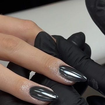 ALBA on Instagram: "Jet black & Magic pearl white from @blueskykosova 🧚‍♀️" Pearl And Black Nails, Black Pearl Nails Design, Black Pearlescent Nails, Pearl Nails Black, Black And Pearl Nails, Black Nails With Pearls, Pearl Powder Nails, Black Pearl Nails, Black French Nails