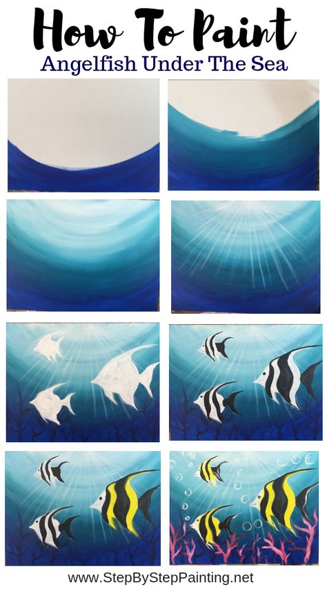 This easy acrylic canvas painting tutorial is great for beginners! You can learn how to paint angelfish under the sea. You can also create your own customized under the sea ocean painting by changing the fish to other sea creatures. Acrylic Tutorials, Underwater Painting, Canvas Painting Tutorials, Easy Canvas Painting, Seni Cat Air, Canvas Painting Diy, Acrylic Painting Tutorials, Sea Painting, Lukisan Cat Air