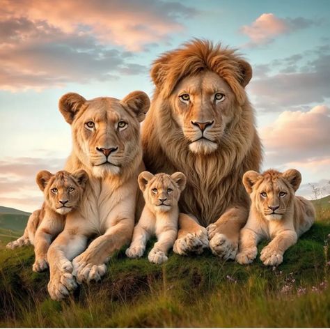 Lions Family Photography, Lion Family Pictures, Lions Wallpaper Backgrounds, Sunset Flight, Lioness And Cubs, Lion Couple, Wild Animal Wallpaper, Lion Cubs, Lion Family