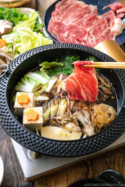 Japanese Sukiyaki Recipe, Japanese Sukiyaki, Bean Soup With Sausage, Sukiyaki Recipe, Bean Soups, Navy Bean Soup, Hot Pot Recipe, Just One Cookbook, Easy Japanese Recipes