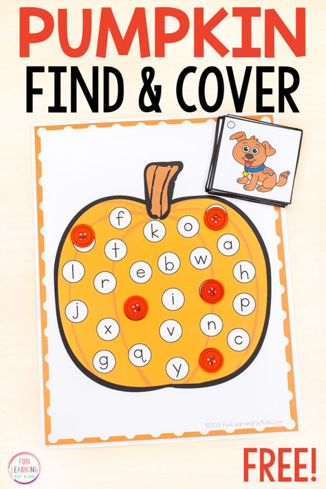 A free printable pumpkin theme find and cover alphabet activity for learning to identify beginning sounds. This alphabet and letter sounds activity is perfect for fall literacy centers in preschool, kindergarten and first grade. Pumpkin Literacy, Fall Literacy Centers, Letter Recognition Preschool, Free Alphabet Printables, Preschool Crafts Fall, Preschool Play, Fall Preschool Activities, Pumpkin Activities, Letter Games