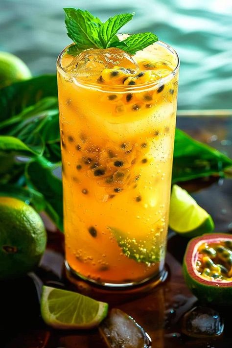 Passion Fruit Soda, Cuban Drinks, Cuban Cocktails, Passion Fruit Mojito, Summer Mocktails, Mojito Recipe, Rum Cocktails, Delicious Drink Recipes, Easy Eat