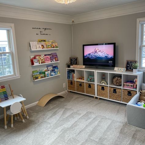 The kids new playroom is 99% done! Here are some stills of their LV playroom. I had so much fun creating this space for them for endless hours of play. Let me know what you think 🤍 comment play for links! #homedesign #renovation #roommakeover #playroom #playroominspo #playroomdecor #diy Playroom No Windows, Tv In Playroom, Small Playroom Inspiration, Playroom With Nugget Couch, Boy And Girl Playroom, Playroom And Bedroom Combined, Girls Playroom Ideas, Dining Room Playroom Combo, Play Area In Living Room