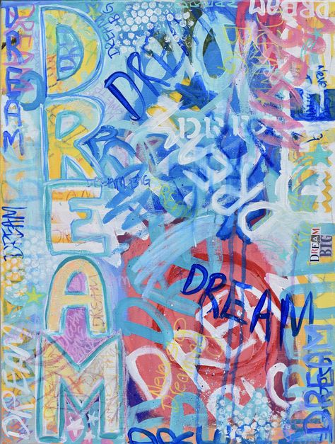 “Dream” graffiti mixed media painting, contemporary trendy Mixed Media Graffiti Art, Music Grafitti Art, Dream Graffiti, Spray Paint Mixed Media Art, Blue Mixed Media Art, Artwork Series, Painted Guitar, Mixed Media Mermaid Art, Ceramics Inspiration