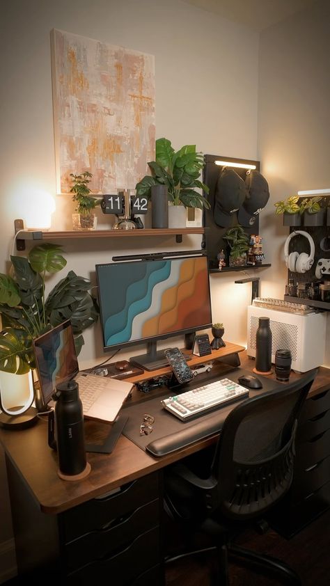 Couples Desk Setup, 2 Monitor Setup, Earthy Gaming Setup, Apartment Desk Setup, Two Monitor Desk, Two Monitor Desk Setup, Two Monitor Desk Setup Office, Desk Setup Office, Monitor Desk Setup