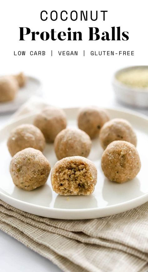 High protein, low carb coconut protein balls made with coconut butter and hemp seeds! You’ll love the coconut flavor and the energy boost these protein balls provide. Low carb, vegan and gluten-free. Low Carb Protein Balls, Appetizers Low Carb, Coconut Protein Balls, Protein Balls Recipes, Coconut Protein, Healthy Protein Snacks, Low Carb Protein, Vegan Coconut, Protein Powder Recipes