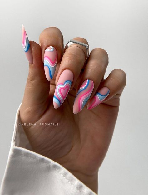 Popular Valentine Nails, Barbie And Ken Nails, Colorful Valentines Nails, Retro Valentines Nails, Pink Wave Nails, Ken Nails, Colorful Nails Acrylic, Tippy Tap, Wave Nail Art