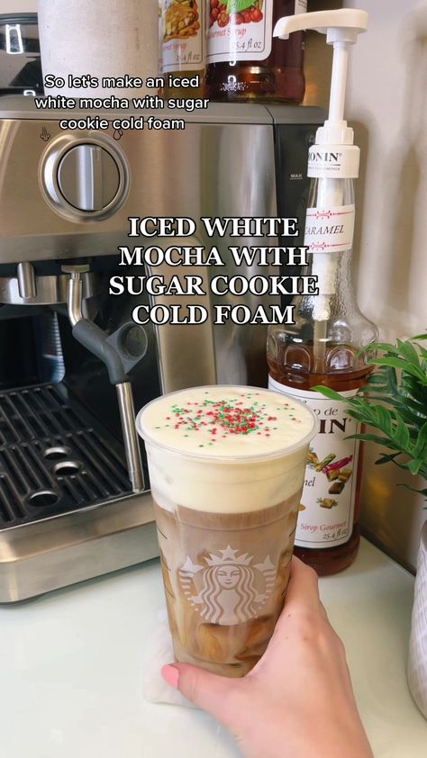 Sugar Cookie Cold Foam Starbucks, Sugar Cookie Cold Foam, How To Make Cold Foam For Coffee, Iced White Mocha At Home, How To Make Cold Foam, Starbucks At Home Recipes, Cold Foam How To Make, How To Make Starbucks Drinks At Home, Starbucks Sugar Cookie