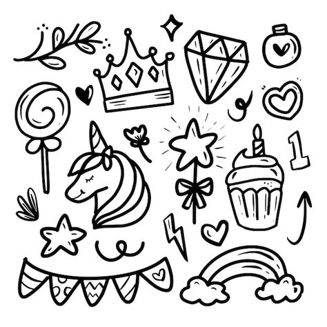 Premium Vector | Cute unicorn princess drawing sticker collection for birthday party Types Of Lines Art, Princess Drawing, Castle Cartoon, Valentine Doodle, Travel Doodles, Flamingo Illustration, Birthday Doodle, Drawing Sticker, Arte Doodle