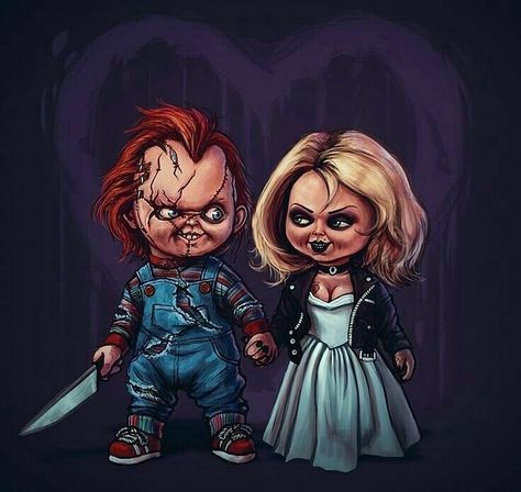 Chucky And His Bride, American Horror Movie, Horror Cartoon, Horror Vintage, Chucky Doll, Zombie Disney, Arte Punk, Bride Of Chucky, Horror Movie Icons