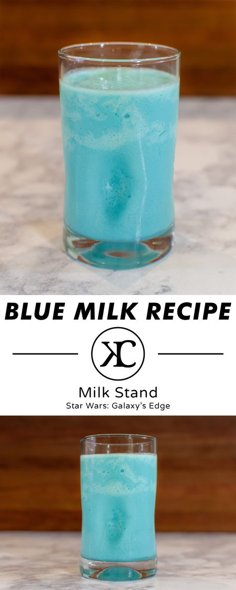 Blue Milk recipe from the Milk Stand at Star Wars: Galaxy's Edge at Disneyland and Walt Disney World How To Make Blue Milk From Star Wars, Galaxys Edge Blue Milk Recipe, Blue Milk Recipe Star Wars, Star Wars Themed Drinks, Blue Milk Star Wars, Star Wars Blue Milk, Blue Milk Recipe, Bantha Milk, Nerdy Recipes