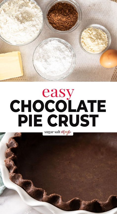 This perfect all-butter chocolate pie crust takes 10 minutes to make and it's loaded with chocolate flavour. Great for all your favourite pies and hand pies. Made in a food processor in mere minutes, with just 6 ingredients, this chocolate pie crust has it all: simplicity, flavour and texture. This chocolate pastry differs slightly with the addition of almond meal / almond flour. This adds a certain tenderness to the pie crust and makes it that much more special. Almond Meal Pie Crust, Pie Crust Alternatives, Chocolate Crust Pie Recipes, Low Calorie Pie Crust, Chocolate Pie Crust Recipe, Bariatric Keto, Easy Chocolate Pie, Chocolate Pie Crust, Almond Pie