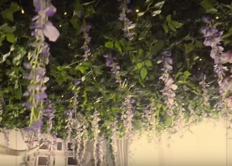 Hang fake flowers, ivy, and fairy lights from the top of the canopy bed for a foresty look Plant Fairy Lights, Flower Canopy Bedroom, Vines Hanging Above Bed, Vines And Flowers On Ceiling Bedroom, Ivy Canopy Bed, Flower Bed Canopy, Fake Ivy Canopy Over Bed, Ivy Bed Canopy, Canopy Bed Flowers