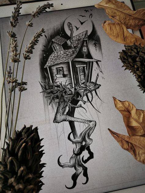 Witch House Tattoo, Baba Yaga House Tattoo, Witch House Drawing, Baba Yaga Tattoo, Witch Illustration Art, Babayaga Tattoo, Grimoire Inspiration, Baba Yaga House, Hecate Goddess