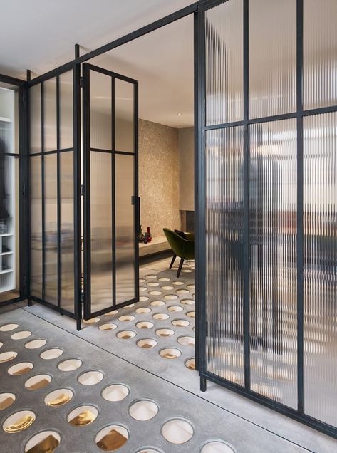 The Perf House Is a Renovated Georgian Terrace House In London by AMA - Design Milk London Terrace House, Partition Door, Georgian Terrace, London Townhouse, Industrial Interiors, Glass Partition, Partition Design, Room Partition, Glass Floor