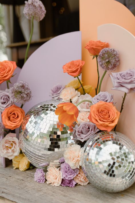 custom decor floral disco ball colorful springtime lilac and tangerine Floral Disco Ball, Decoration Evenementielle, Graduation Party Planning, Disco Theme, Ibiza Wedding, Wedding Expo, Disco Balls, Rose Pastel, Wedding Mood Board