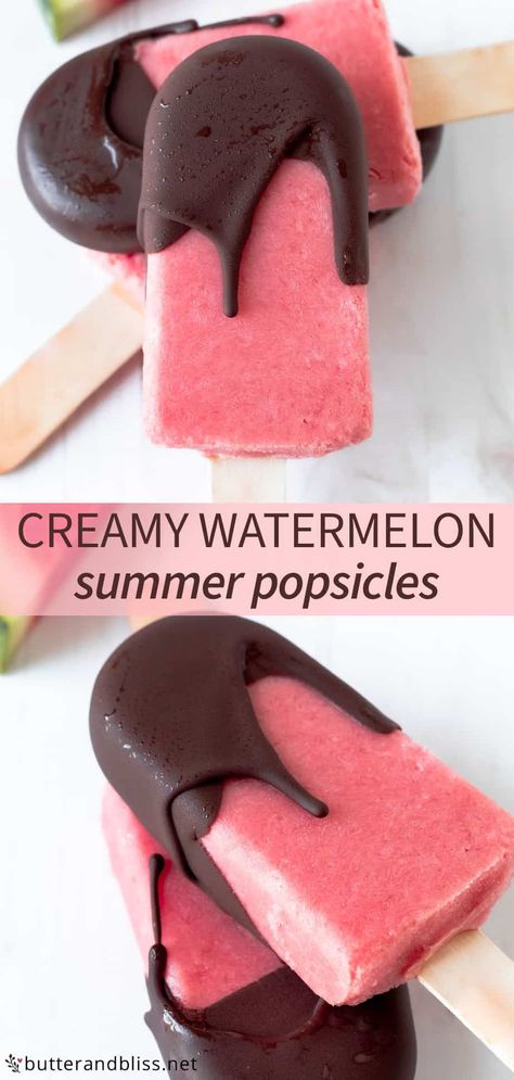 Watermelon Popsicles Recipe, Coconut Milk Popsicles, Watermelon Popsicles, Cream Honey, Magic Shell, Frozen Dessert Recipe, Homemade Popsicles, Unsweetened Coconut Milk, Chocolate Shells