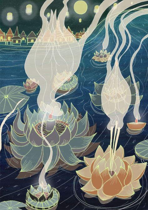 Loy Krathong Festival Art, วันลอยกระทง ภาพวาด, ลอยกระทง ภาพวาด, Malaysian Art, Loy Krathong Festival, Ask For Forgiveness, Loy Krathong, Hydrangeas Art, Show Respect