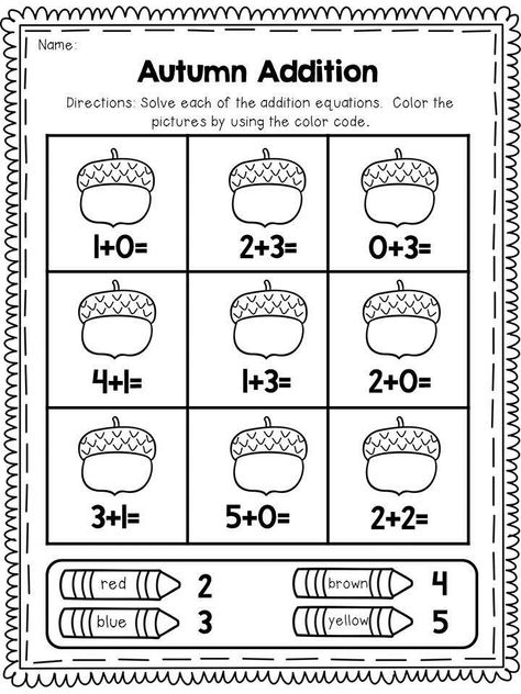 Fall Addition Worksheets Kindergarten and First Grade Math Addition Add and Color Pages Kindergarten Math Worksheet, Fall Kindergarten Worksheets, Math For 1st Grade, Math Kindergarten Activities, Addition For Kindergarten, Addition Worksheets Kindergarten, Kindergarten Worksheets Math, Fall Math Kindergarten, Math Counting Worksheets