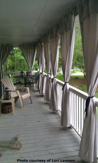 Curtains from drop cloths from home depot. See length adjusted by folding over to make a valance... Porch Curtains, Patio Pergola, Patio Curtains, Casa Patio, Shade Cloth, House With Porch, Outside Living, Outdoor Curtains, Drop Cloth