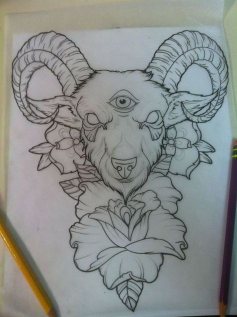 Goat Head Tattoo, Goat Head, Head Tattoo, Ram, Tattoo Designs, Flowers