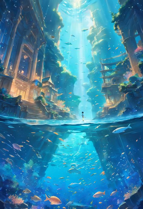 Underwater And Above Water Painting, Water Castle Fantasy Art, Person Underwater Drawing Reference, Ocean Fantasy Art Underwater, Glowing Fish Art, Fantasy Ocean City, Water World Fantasy Art, Water Fantasy World, Fantasy Sea Art