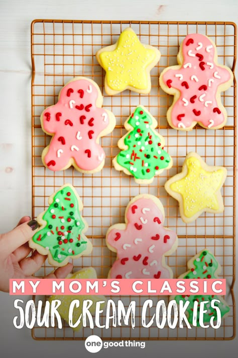 Move over sugar cookies, because there's a new Christmas cookie in town! Learn how to make my mom's famously soft and fluffy Sour Cream Cookies here. #christmas #cookies Sour Cream Cookies, Sour Cream Sugar Cookies, Fluffy Frosting, Cookie Pictures, Cream Cookies, Christmas Sprinkles, Best Sugar Cookies, Soft Sugar Cookies, Xmas Cookies