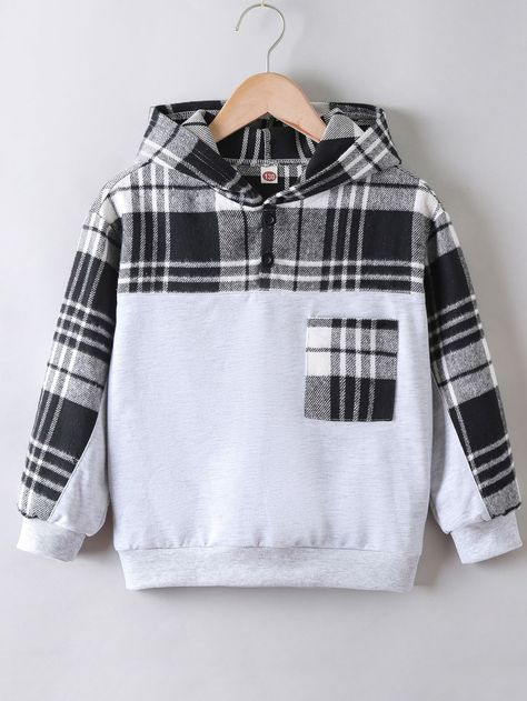 Black and White Casual  Long Sleeve Polyester Plaid Half Placket Embellished Slight Stretch Spring/Fall Boys Clothing Stylish Mens Suits, Diy Fashion Scarf, Diy Baby Clothes, Kids Frocks Design, Stylish Hoodies, Boys Plaid, Pocket Hoodie, Boys Sweatshirts, Kids Style