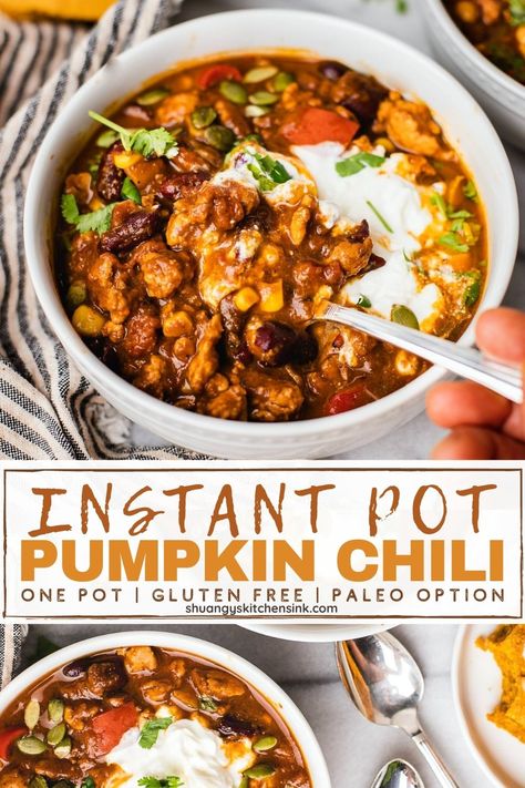 The Best Healthy Pumpkin Turkey Chili for this fall! Can be made in slow cooker, instant pot or stove top, this Turkey Chili recipe is packed with autumn flavors, protein and veggies. It is also Paleo, Keto and Whole 30 Friendly. | #instantpot #slowcooker #slowcookerrecipe #chili #turkeychili #pumpkinchili #pumpkinseason #fallrecipe Instant Pot Pumpkin, Healthy Family Dinner, Thm E, Turkey Pumpkin Chili, Pumpkin Chili Recipe, Chicken Pumpkin, Chili Recipe Turkey, Best Chili Recipe, Pumpkin Chili