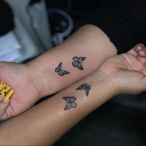 Small Tattoo Ideas With Best Friend, Cute Small Matching Tattoos Cousins, Cute Tattoos For Bsf, Cute Tattoos For Cousins, Matching Sister Tattoos For 2 Small Butterfly, Sister Tattoos For 2 Butterflies, Cute Matching Butterfly Tattoos, Matching Tattoos For Best Friends Butterfly, Tattoo Ideas Butterfly And Flowers