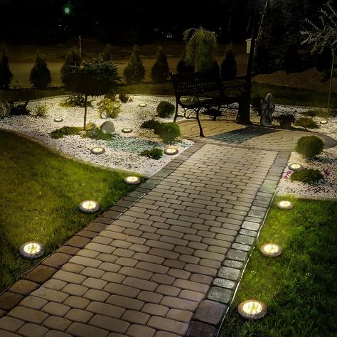 SOLPEX 12 Pack Solar Ground Lights Outdoor, Waterproof 8 LED Solar Powered Disk Lights Outdoor Garden Landscape Lighting for Yard Deck Lawn Patio Pathway Walkway (White) - Amazon.com Solar Powered Led Garden Lights, Walkway Lighting Ideas Pathways, Garden Pathway Lights, Garden Solar Lighting, Sidewalk Lights, Ground Lights Outdoor, Sidewalk Lighting, Solar Ground Lights, Paver Lights