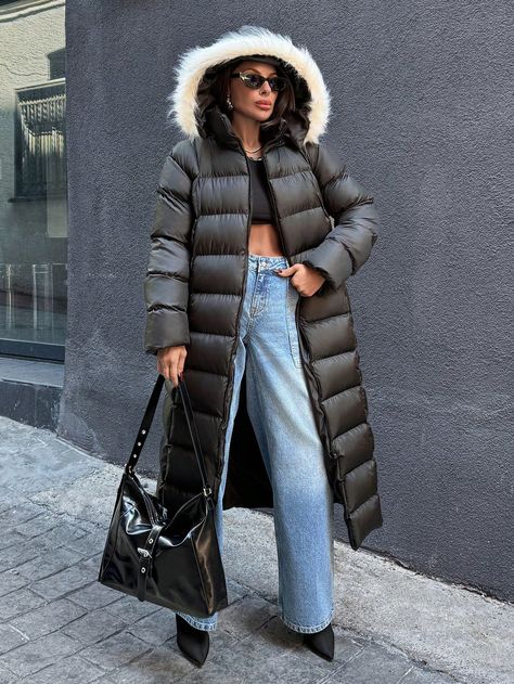 Hooded Long Down Padded Coat With Faux Fur Trim Black Casual  Long Sleeve Fabric Plain Puffer Non-Stretch  Women Clothing, size features are:Bust: ,Length: ,Sleeve Length: Duckbill Cap, Long Overcoat, Fashion Mirror, Dropped Shoulder Sweatshirt, Sport Tights, Padded Coat, Womens Baseball Cap, Casual Hat, Princess Style