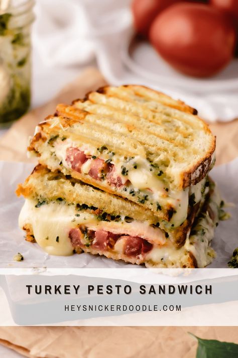 This sandwich is loaded with pesto, melty fontina cheese, piled high with delicious slices of turkey and tomato and then grilled or toasted until is a perfect golden brown. It has got tons of flavor and is a great lunch or dinner choice! Turkey Pesto Sandwich, Turkey Panini Recipes, Pesto Sandwich Recipe, Toasted Turkey, Turkey Pesto, Turkey Sandwiches Recipes, Pesto Sandwich, Panini Recipes, Fontina Cheese