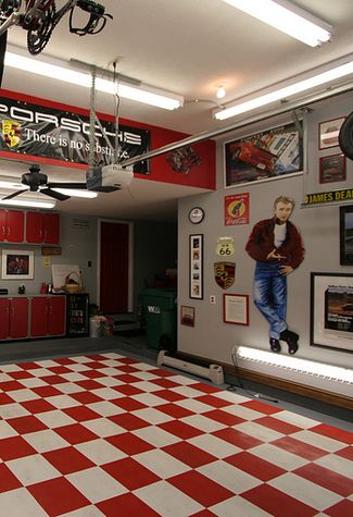 this would be a retro garage because of all the items in this room that look like they are from a different time.  It also is very fun and colorful Retro Garage, Man Garage, Carros Retro, Garage Atelier, Garage Floor Tiles, Cool Garages, Garage Style, Modern Garage, Floor Tile Design