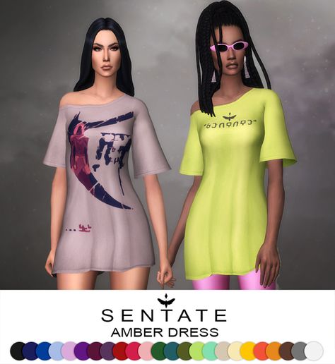 Amber Dress | Sentate on Patreon Sims 4 Free Mods, Amber Dress, Baggy Shirts, Feminine Shirts, Sims 4 Cas Mods, Off Shoulder T Shirt, Baggy Tops, Oversized T Shirt Dress, Sims 4 Mods Clothes