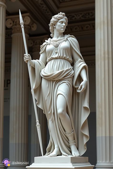 This statue of Athena in a battle stance highlights her as a warrior and protector. With a spear in hand and an unwavering expression, she stands ready to defend her lands and people. #Athena #WarriorGoddess #BattleStance #GreekMythology #Goddess Athena Warrior Goddess, Female Warrior Statue, Roman Goddess Statue, Athena Spear Tattoo, Ancient Greek Sculpture Goddesses, Athena Sculpture Tattoo, Athena Statue Aesthetic, Athena Aesthetic Goddess, Greek Warrior Aesthetic