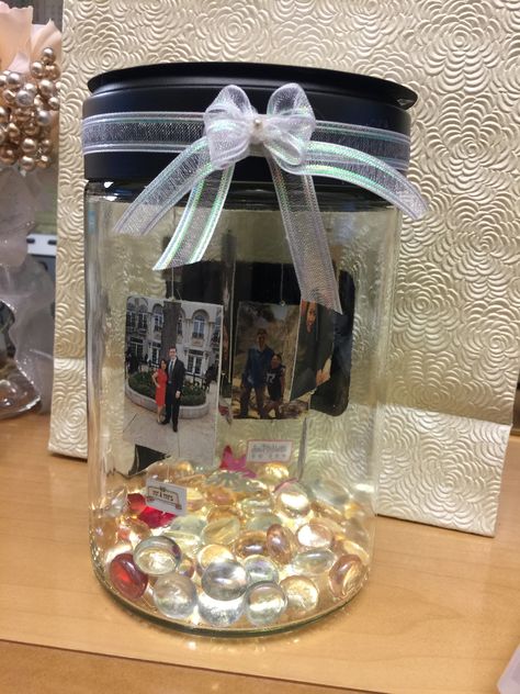 Purchased the jar at Home Goods.  Ribbon, fairy lights, and pebbles purchased at Michael's. Fairy Gifts, The Jar, Shower Gifts, Fairy Lights, Shower Ideas, Wedding Gift, Home Goods, Wedding Gifts, At Home