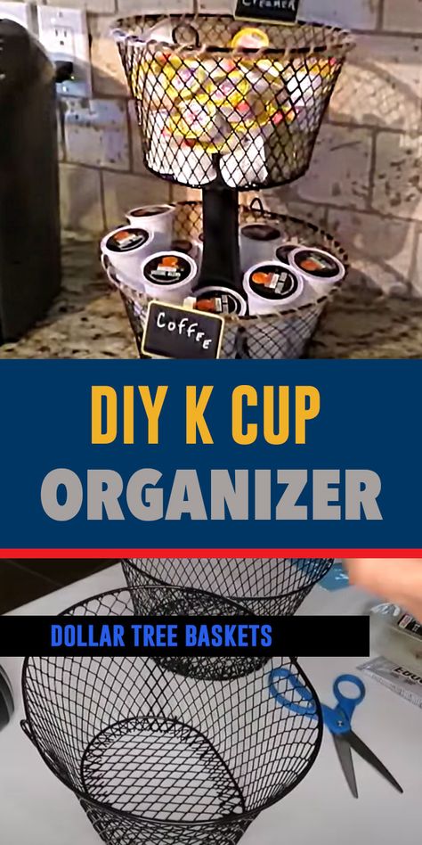 DIY Farmhouse Decor Idea - K-cup Organizer Made With Dollar Tree Supplies - DIY Organizing Ideas for Kitchen - How to Organize Coffee and Creamer Station DYI Tree Baskets, Easter Tree Ideas, Dollar Tree Baskets, K Cup Storage, Diy Farmhouse Ideas, Cup Organizer, Keurig Coffee Maker, Coffee Pod Storage, Diy Coffee Bar