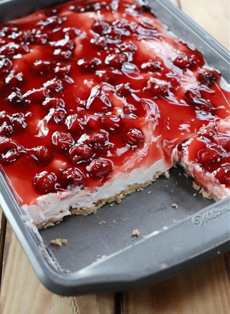 No-Bake Cherry Cheesecake. This No-Bake Cherry Cheesecake is a winner of a dessert! It’s so easy to make and it’s absolutely delightful! Three layers of total bliss! #cheesecake #nobakecheesecake #dessertrecipes #easydessert Cherry Cheesecake Surprise Layered Dessert, No Bake Cherry Cheesecake Bars, Old Fashioned Cherry Cheesecake, No Bake Cherry Cheesecake With Cool Whip 9x13, Easiest No Bake Cherry Cheesecake, Cherry Cheesecake Surprise, Large Cheesecake Recipe, 3 Ingredients Cheesecake, No Bake Cheesecake 9x13 Pan